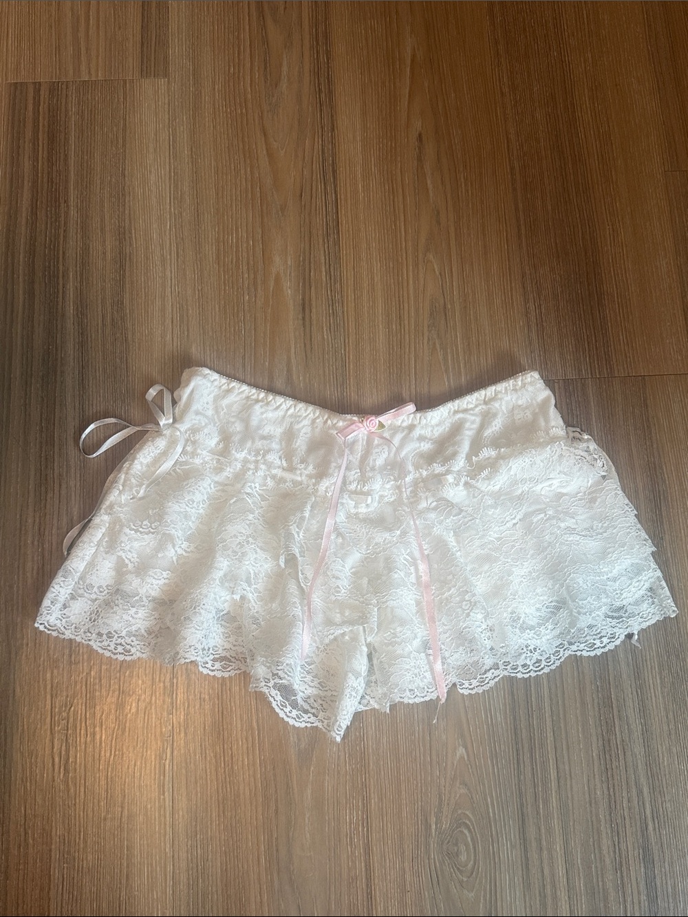 White Lace Satin-Trim Micro Shorts with Pink Ribbon Bloomers Women Handmade